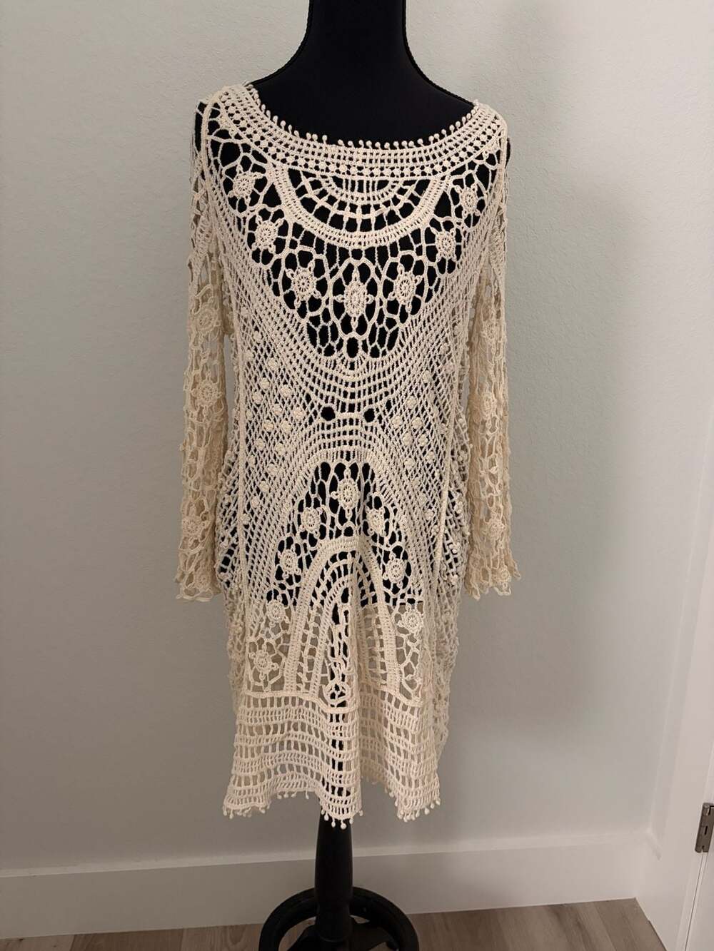 Unbranded Crochet Beach Cover Up One Size Beige Rayon Tunic Dress